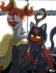 2girls anthro black_fur black_hair braixen furry kemono litten nude pokémon_(species) pokemon pokemon_(species) red_fur red_hair rilex_lenov tagme yellow_fur