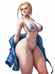 artist_request bikini blue_bikini cammy_white capcom feminine_pose fighting_game jacket source_request street_fighter street_fighter_6 two_piece_swimsuit