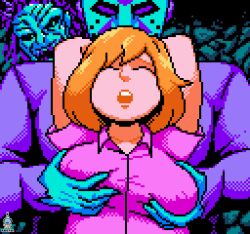 1boy blonde_hair breast_grope closed_eyes crissy_(friday_the_13th) feetfish female friday_the_13th friday_the_13th_(1989_video_game) frown fully_clothed jason_voorhees male open_mouth pixel_art