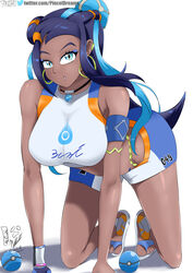 1girls 2019 all_fours ass bare_shoulders big_breasts blue_eyes blue_hair bracelet breasts clothed dark-skinned_female dark_skin dive_ball feet female female_only hair_bun human large_breasts long_hair necklace nessa_(pokemon) nintendo poke_ball pokemon pokemon_ss shirt shorts swimsuit text toes twitter_username url viejillox watermark white_background wide_hips