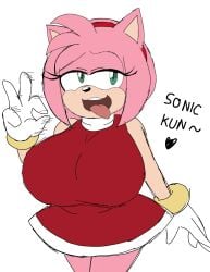 1girls amy_rose dialogue dress female furry huge_breasts jerking_off_hand_motion momiji_(artist) open_mouth sega sonic_(series) teasing tongue_out