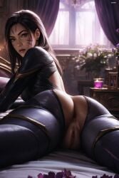 1girls ai-created alexxwhite anus ass ass_focus bed bedroom blurred_background bodysuit facial_markings female female_focus female_only high_resolution highres indoors kai'sa league_of_legends long_hair looking_at_viewer looking_back lying lying_on_bed lying_on_stomach naked naked_female no_panties no_underwear nude nude_female parted_lips purple_eyes purple_hair purple_markings pussy skin_tight solo solo_female solo_focus stable_diffusion thighs vagina viewed_from_behind