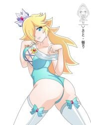 1girls ass blonde_hair blue_eyes blue_leotard breasts crown hair_over_one_eye large_breasts leotard long_hair looking_at_viewer mario_(series) nintendo princess_rosalina satosatori thighhighs thong_leotard