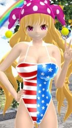 1girls 2023 3d adult_female belly_button blonde_hair_female blue_sky breasts clavicle cleavage clouds clownpiece fairy fairy_wings garden hand_on_hip hati_yukkuri_mmd headwear hips jester_hat jpeg lampad light-skinned_female long_hair_female looking_at_viewer mmd one_arm_up outdoors peace_sign pink_eyes rainbow sky smiling_at_viewer solo_female solo_focus stars_and_stripes swimsuit touhou waist wings