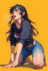 ai_generated bushy_eyebrows bushy_hair female_leg_hair hairy_girl hairy_pubes hairy_pubic hairy_thighs hairy_woman horny horny_female long_hair pubic_hair rolled_up_sleeves saliva saliva_trail sweat sweaty thick_eyebrows thick_hair tongue tongue_out