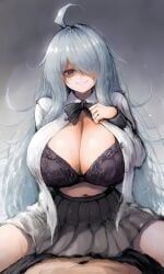 1boy 1girls ai_generated big_breasts blue_hair bra breasts cleavage empty_eyes grey_hair hair_over_one_eye hi_res highres huge_breasts large_breasts legs_apart looking_at_viewer mei_(2b213) midriff navel open_clothes pleated_skirt purple_eyes school_uniform see-through see-through_clothing self_upload sitting sitting_on_lap sitting_on_person smile sn7314 sweat sweatdrop thick_thighs underwear wet white_shirt yandere