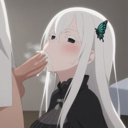 blowjob cum_in_mouth echidna_(re:zero) faceless_male fellatio long_hair oral oral_sex re:zero_kara_hajimeru_isekai_seikatsu sucking_penis swallowing_cum white_hair