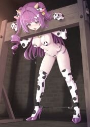 absurdres animal_ears bondage commentary cow_ears english_commentary female female_only high_heels highres non-web_source pillory purple_hair restrained saliva slave tearing_up yoob_yunagi