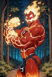 abs ai_generated alien ben_10 flaming_head flexing flexing_arms forest heatblast jockstrap jockstrap_only looking_at_viewer male male_only muscular muscular_male outdoors outside red_skin twall97