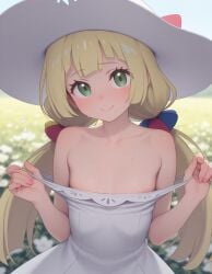 ai_generated bare_shoulders beautiful_girl blonde_female cleavage female female_only flat_chest focus_on_breasts green_eyes heavenly_body lillie_(pokemon) outdoors pretty_girl sexy slutty_dress slutty_female small_breasts sundress sunny sweaty_body temptation tempting_viewer