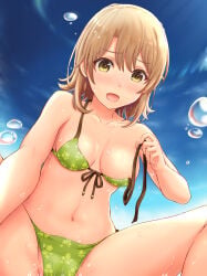 1girls bikini breasts brown_eyes brown_hair bubble day female_focus floral_print front-tie_top green_bikini highres inanaki_shiki isshiki_iroha looking_at_viewer my_teen_romantic_comedy_snafu short_hair sky small_breasts solo squatting swimsuit untied