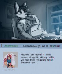 4chan anthro biting_pencil bottomless canid canine canis chair choker clothed clothing computer_keyboard ear_markings enginetrap environment eye_markings female fur furniture hair hoodie hoodie_only inviting jackal jewelry mammal markings monochrome monster_energy necklace nonbinary_(lore) on_chair rape_mention red_hair sitting sitting_on_chair syl_(enginetrap) tan_body tan_fur topwear topwear_only typing