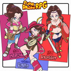 1girl adjusting_eyewear armor bard belly belt big_breasts bikini_armor black_thighhighs blue_eyes book boots bracelet breasts brown_hair cape cleavage collarbone commentary_request dragon_quest earrings english_text female female_knight from_above from_below glasses high_ponytail holding holding_book holding_shield holding_sword holding_weapon instrument jewelry knight lipstick logo_parody long_hair looking_at_viewer lute_(instrument) makeup mario_(series) mascara medium_breasts meijin_okd merchant midriff multiple_views navel nintendo pale_skin parted_bangs pauldrons pauline pauline_(mario) pauline_(nintendo) ponytail scantily_clad shield shoulder_armor side_slit simple_background square_enix super_mario_rpg sword thighhighs tummy weapon