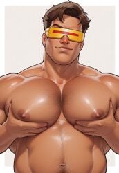 ai_generated athletic athletic_male bara cyclops_(x-men) daddy gay gylesloh male male_only marvel marvel_rivals moobs muscular muscular_male pec_grab pec_squeeze pecs pectorals scott_summers simple_background squeezing_breast squeezing_breasts superhero x-men yaoi
