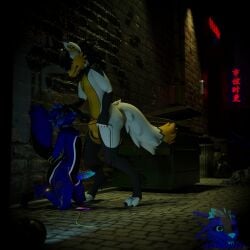 3d_(artwork) absurd_res anthro arms_tied astrawolf bag black_penis blue_body blue_fur blue_penis bound canid canine canis claws collar digital_media_(artwork) duo electronics erection flashlight fur genitals golden_markings green_eyes hair hi_res jackal leash leash_pull leashed_collar male male/male mammal oral orange_body orange_fur outside penis penis_on_face phone questionable_consent rogue_wilde rope size_difference teal_eyes trash_bag trash_can white_body white_fur zephyr_(jackal)