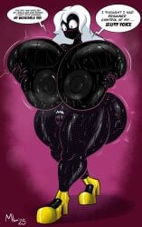 2025 alien alien_humanoid ameizing_lewds areola big_breasts big_butt black_body bodily_fluids breasts butt clothed clothing duck_dodgers ellipsis english_text exclamation_point female fishnet_clothing fishnet_legwear footwear genitals grey_areola grey_nipples hair hand_on_breast hi_res high_heels huge_breasts huge_butt huge_hips huge_thighs humanoid hyper hyper_breasts ineffective_clothing legwear martian mostly_nude nipples not_furry platform_footwear platform_heels purple_eyes queen_tyr'ahnee shoes solo speech_bubble sweat sweaty_breasts text thick_thighs topless vulva white_hair wide_hips