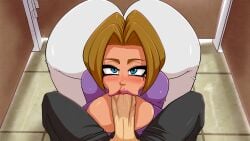 1girl arched_back ass blue_eyes crot curvy facing_viewer fellatio highres looking_at_viewer mature_female non-web_source oral short_hair urban_demons