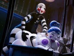 2026 3d 3d_(artwork) 3d_render ambiguous_gender animatronic animatronic_female ballerina ballora_(fnafsl) bent_over big_breasts black_body blue_highlights female five_nights_at_freddy's five_nights_at_freddy's:_sister_location jordevoir marionette_(fnaf) puppet_(fnaf) purple_nipples robot robot_girl robot_joints thick_thighs white_body white_face
