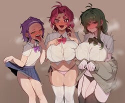 3girls ahoge big_breasts black_nails black_panties blue_skirt blush bow bowtie bra bra_visible_through_clothes cameltoe character_request cute_fang dress_shirt drooling female female_only freckles freckles_on_face garter_straps green_eyes green_hair hair_intakes hair_over_one_eye hairband heart-shaped_pupils horny horny_female mole mole_on_thigh mole_under_eye nail_polish navel painted_nails panties penetration_gesture petite pink_panties pleated_skirt purple_hair purple_nails pussy_juice radon1014 red_eyes red_hair red_nails school_uniform shirt short_hair side-tie_panties skindentation skirt skirt_lift skirt_lifted_by_self small_breasts smile steam steaming_body steamy_breath striped_panties thick_eyebrows thick_thighs thighhighs tongue tongue_out tremble_spikes trembling underwear white_legwear white_shirt white_thighhighs yellow_eyes