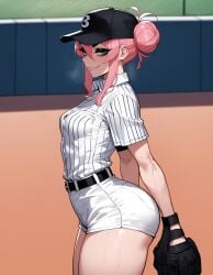 1girls ai_generated ass baseball baseball_cap baseball_glove baseball_uniform big_ass breasts eyeshadow female hair_bun hourglass_figure hourglass_figured_female large_ass light-skinned_female light_skin long_hair petite petite_body petite_female pink_hair seductive_smile sexy sexy_body small_breasts thick_ass thick_thighs victoria_(xandr) voluptuous xandr