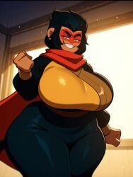 ai_generated beautiful busty busty_female cape clenched_fist curvy curvy_figure genderbend genderswap gigantic_breasts lego lego_monkie_kid macaque macaque_(lego_monkie_kid) monkey monkey_girl pretty red_cape sexy six_eared_macaque thick_thighs villainess wide_hips