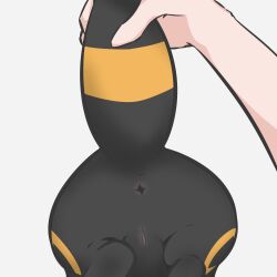 absurd_res anus ass black_body disembodied_hand duo eeveelution female feral generation_2_pokemon genitals hi_res nintendo pokemon pokemon_(species) pussy qna simple_background tail_grab umbreon video_games white_background