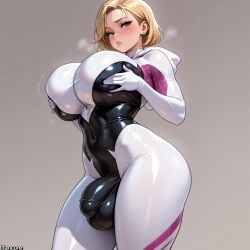 (titancore) ai_generated blonde_hair bulge_through_clothing female futanari girl gwen_stacy hoodie_down huge_breasts huge_bulge huge_cock marvel seductive_look short_hair spider-man_(series) spider_gwen superhero thick_thighs thighskinsuit
