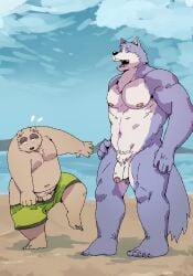 2026 5_toes absurd_res anthro arufina_w balls beach bear belly black_nose bottomwear brown_body brown_fur canid canine canis clothing cloud detailed_background domestic_dog duo eyes_closed feet flaccid fur genitals hi_res kemono male mammal moobs navel open_mouth outside overweight overweight_male penis penis_size_difference shorts swimwear toes undressing water