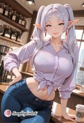 1futa 1girl ai_generated big_penis blue_pants bra bra_visible_through_clothes breasts bulge closed_mouth coffee collarbone collared_shirt cup denim dickgirl disposable_cup earrings elf elf_ears frieren frieren_beyond_journey's_end futanari green_eyes hand_on_own_hip indoors jeans jewelry large_breasts long_hair long_sleeves looking_at_viewer midriff naughtygirlsai navel pants parted_bangs pointy_ears shirt skinny small_breasts smile solo sousou_no_frieren tied_shirt twintails underwear white_hair white_shirt