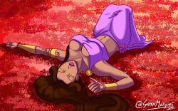 breasts circe_(epic_the_musical) clothed clothing epic_the_musical glowing_eyes laying_down laying_on_back laying_on_ground long_hair pink_clothing seducing seductive seductive_look seductive_pose sexy suggestive tease thin_clothing