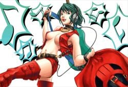 absolute_cleavage arc_system_works breasts casual cleavage clothing electronics female green_hair guilty_gear headphones headwear human i-no legwear nonsexual nonsexual_nudity official_art pale_skin