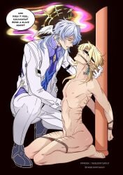aventurine_(honkai:_star_rail) blonde_hair covered_eyes gay halo honkai:_star_rail hypnosis master naked powers scar scars slave sunday_(honkai:_star_rail) tattoo thebloodysadist tied_to_pole tied_up wings wings_on_head