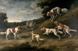 17th_century absurd_res ambiguous_feral ambiguous_gender anatomically_correct anatomically_correct_genitalia ancient_art animal_genitalia attached_sheath bird_dog canid canine canis cloud detailed_background digitigrade domestic_dog feral floppy_ears forest fully_sheathed fur genitals grass group hi_res hunting_dog imminent_danger lagomorph leporid long_ears looking_aside looking_at_another male male_feral mammal mottled nature nature_background oil_painting_(artwork) outside painting_(artwork) piebald pieter_boel plant plantigrade predator/prey public_domain quadruped rabbit running sheath short_tail sky standing surrounded tail traditional_media_(artwork) traditional_painting_(artwork) tree whiskers