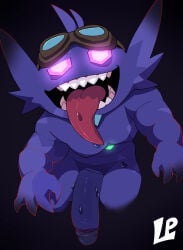 1boy black_gloves claws commentary english_commentary facing_viewer fangs feral gem_eyes gloves goggles goggles_on_head highres leviapanda male_focus open_mouth penis pokemon pokemon_(creature) sableye tongue tongue_out