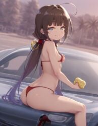 ai_generated ass_focus beautiful_girl blue_eyes brown_hair car female female_only flat_chest heavenly_ass heavenly_body high_heels hinatsuru_ai micro_bikini outdoors pretty_girl sexy_pose slim_female slim_waist slutty_body slutty_female smile_at_viewer tempting_viewer
