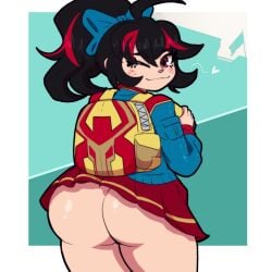 backsack big_ass bottom_heavy freckles lewdscrap looking_at_viewer looking_back marvel marvel_rivals no_panties peni_parker peni_parker_(marvel_rivals) ponytail winking winking_at_viewer