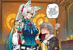 1boy 1girl ai_generated animal_ears blush breasts caelus_(honkai:_star_rail) coin english_text feixiao_(honkai:_star_rail) fox_ears gloves grey_hair hand_on_anothers_chin honkai:_star_rail jacket long_hair looking_at_another multicolored_hair ponytail smile speech_bubble tillian trailblazer_honkai_star_rail white_hair yellow_eyes