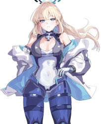 1girl absurdres alternate_costume blonde_hair blue_archive blue_eyes blue_halo bodysuit cleavage_cutout clothing_cutout coat covered_navel ggab0621 halo highres long_hair multicolored_bodysuit open_clothes open_coat solo toki_(armed)_(blue_archive) toki_(blue_archive) two-tone_bodysuit white_coat
