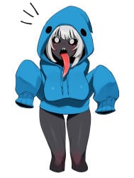 black_sclera blue_hoodie blunt_bangs blush dark-skinned_female dark_skin female hoodie long_tongue oversized_sleeves radon1014 sharp_teeth sleeves_past_fingers sleeves_past_wrists tongue tongue_out white_background white_eyelashes white_eyes white_hair