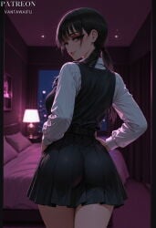 1girl ai_generated artist_name asian asian_female ass bed bedroom belt black_dress black_eyes black_hair blurry_background breasts chainsaw_man clothing collared_shirt cowboy_shot curtains dress female female_only fourth_east_high_school_uniform from_behind grin hand_on_own_hip hands_on_own_hips indoors lamp large_breasts lips long_hair long_sleeves looking_at_viewer looking_back low_twintails medium_breasts mitaka_asa night on_bed parted_lips pillow pinafore_dress pleated_dress pleated_skirt school_uniform schoolgirl shirt skirt sleeveless sleeveless_dress smile solo standing twintails vantawaifu white_shirt window
