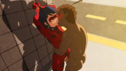 1boy 1girl bestofnesia blue_hair blushing bodysuit brown_hair closed_eyes crying face_mask forced forced_kiss hands_tied_above_head kissing ladybug_(character) marinette_dupain-cheng miraculous:_tales_of_ladybug_and_cat_noir nude_male outdoors penis pigtails public_rape pussy rape tears tied_up vaginal