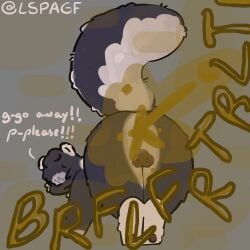 absurd_res anthro balls darkened_balls darkened_genitalia dialogue fart fart_cloud fart_fetish fluffy fluffy_tail genitals grey_background hi_res lspagf male mammal mephitid multicolored_body pawpads presenting purple_body scared shy simple_background skunk skunk_(lspagf) solo tail two_tone_body warning