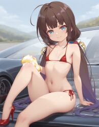 ai_generated ass_focus beautiful_girl blue_eyes brown_hair car female female_only flat_chest heavenly_body high_heels hinatsuru_ai micro_bikini outdoors pretty_girl sexy_pose slim_female slim_waist slutty_body slutty_female smile_at_viewer tempting_viewer