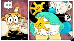 1girls 2boys accurate_art_style ass ass_grab big_ass blushing blushing_female clothing cropped cropped_image cuphead cuphead_(game) female grabbing_another's_ass hand_on_ass male ms._chalice mugman squished_ass squishing_ass surprised tagme unexpected vcp vcpvip