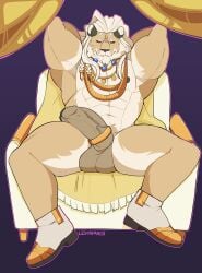 1boy abs absurdres animal_ears arms_behind_head bara black_sclera brown_shoes closed_mouth colored_sclera commentary dislyte english_commentary erection furry furry_male highres javid_(shamash)_(dislyte) jewelry leviapanda lion_boy lion_ears lion_mane looking_at_viewer male_focus muscular muscular_male navel necklace nipples nude pectorals penis purple_background red_eyes shoes sitting testicles