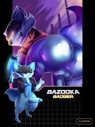 absurd_res anthro badger balls bazooka_badger big_balls big_butt big_penis blue_body butt genitals gesture grin hand_gesture hi_res looking_at_viewer looking_back lunoversia male male_only mammal mustelid musteline penis shortstack smile solo thick_thighs thumbs_up weapon