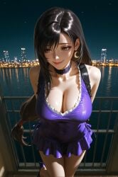 1girl 2025 2026 absurd_res absurdres ai ai-created ai_art ai_assisted ai_generated alphai arms_behind_back black_hair blushing cinematic_lighting city cleavage colorful_background crescent_earrings depth_of_field detailed_background detailed_hair detailed_skin dramatic_shadows earrings female female_focus female_only final_fantasy final_fantasy_vii high_quality high_resolution highres jewelry lace_choker large_breasts lips long_hair looking_at_viewer low_tied_long_hair naughty_face night_sky particles patreon patreon_link patreon_url patreon_username purple_dress purple_high_heels raised_eyebrows red_eyes semirealistic short_dress skindentation sleeveless smile solo street_fighter_6 tifa_lockhart tifa_lockhart_(refined_dress) volumetric_lighting