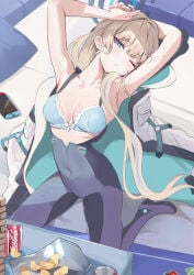 1girl armpits arms_up blonde_hair blue_archive blue_bra blue_eyes blue_hair blue_halo bra breasts can chips_(food) closed_eyes closed_mouth coca-cola commentary_request covered_navel drink_can food halo houraku long_hair looking_at_viewer medium_breasts multicolored_hair nintendo_switch official_alternate_costume one_eye_closed soda_can solo speech_bubble streaked_hair toki_(armed)_(blue_archive) toki_(blue_archive) underwear