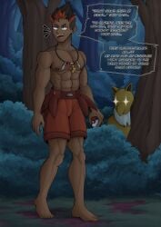 1boy abs armpits bare_arms bare_shoulders barefoot behind_tree biceps big_pecs black_hair bush chest clothed collar confident dark-skinned_male dark_skin english_text feet foreskin forest human hypno hypnosis kiawe_(pokemon) male male/male male_only muscles muscular muscular_male navikart09 neckwear night nintendo nipples orange_hair pecs pokeball pokemon pokemon_(species) pokemon_sm sequence shorts shoulders smile speech_bubble star_eyes text topless trees two-tone_hair walking yaoi