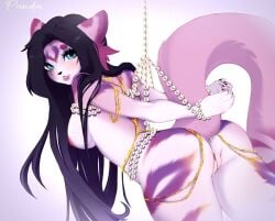2023 5_fingers anthro areola bambolbi black_hair black_nose blue_eyes blush bound breasts butt eyelashes felid feline female fingers fur genitals hair hi_res lips long_hair mammal markings medium_breasts nipples nude pink_body pink_fur pink_lips purple_markings red_areola red_nipples solo striped_body striped_fur stripes vulva